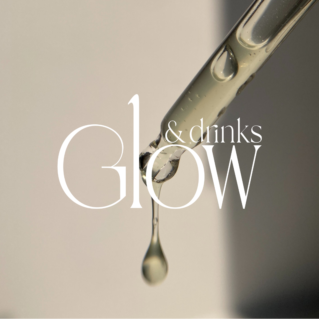 logo "glow" avec en font une pipette d'huile pour le visage